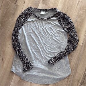 Simple Gray Top with Leopard Print Sleeves